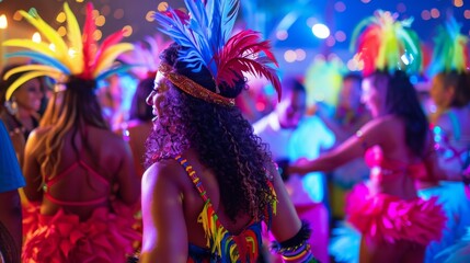 Vibrant celebration with dancers in colorful costumes and feathers, creating a festive atmosphere.