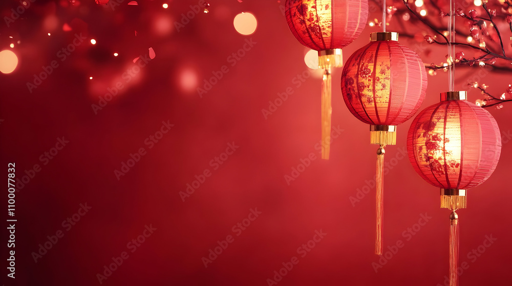 Poster illuminated red chinese lanterns hanging from a flowering branch against a red background with bokeh