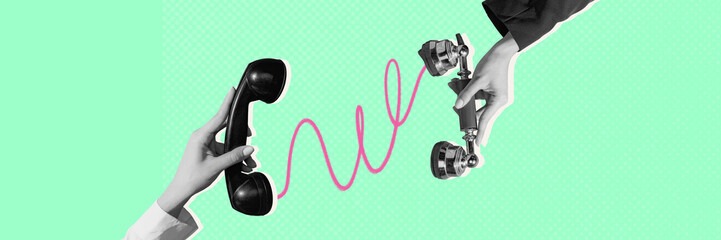 Contemporary art collage. Retro telephone handset connected to modern receiver via pink sound wave,...