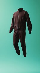 Stylish mockup of a chocolate brown men's tracksuit floating on a vibrant seafoam green background