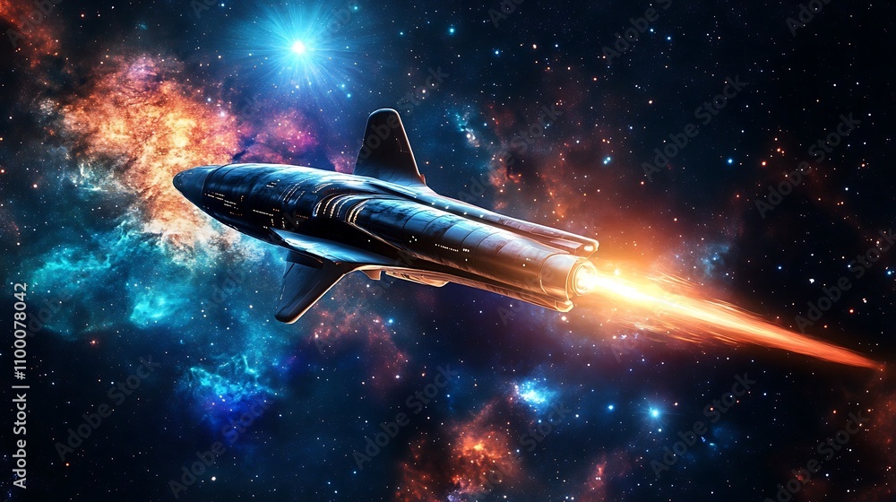 Poster spaceship accelerating through a colorful nebula
