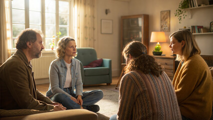 Group of people having a heartfelt discussion in a cozy living room
