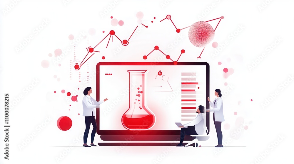 Poster A digital lab scene featuring scientists analyzing data with a red beaker on a laptop, emphasizing research and innovation.