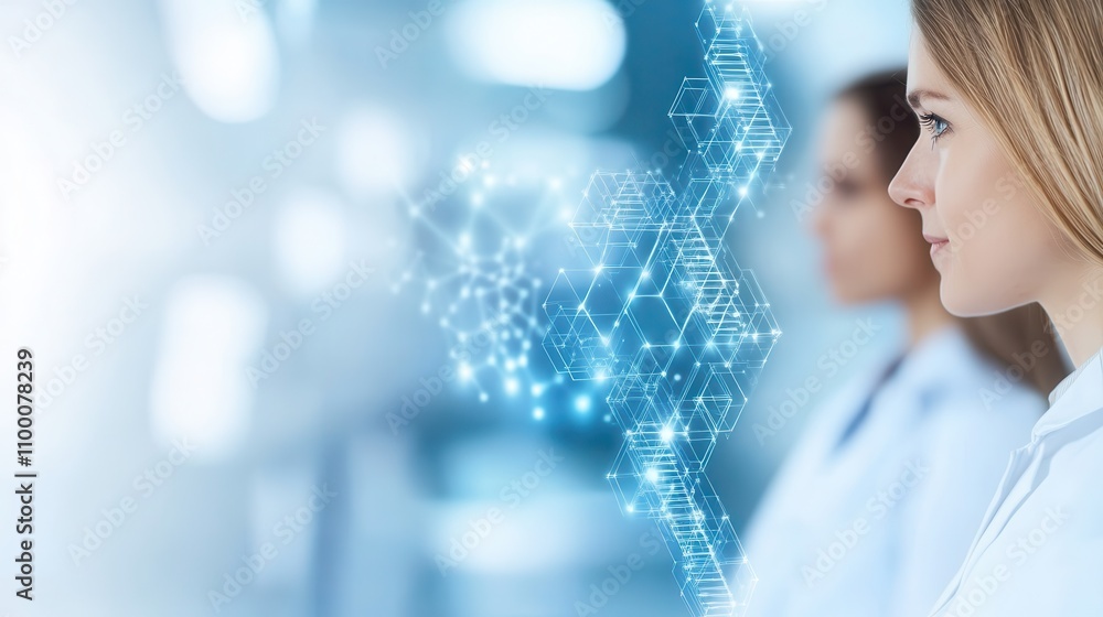 Poster two scientists are depicted in profile, with a digital brain graphic overlay, symbolizing innovation