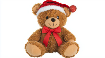 Obraz premium Brown teddy bear wearing Santa hat and red bow...