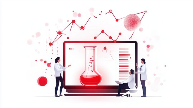 A digital lab scene featuring scientists analyzing data with a red beaker on a laptop, emphasizing research and innovation.
