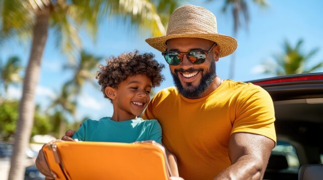 A father and son joyfully engage with a tablet outdoors, reflecting family bonding and happiness against a backdrop of palm trees, highlighting connection and learning.