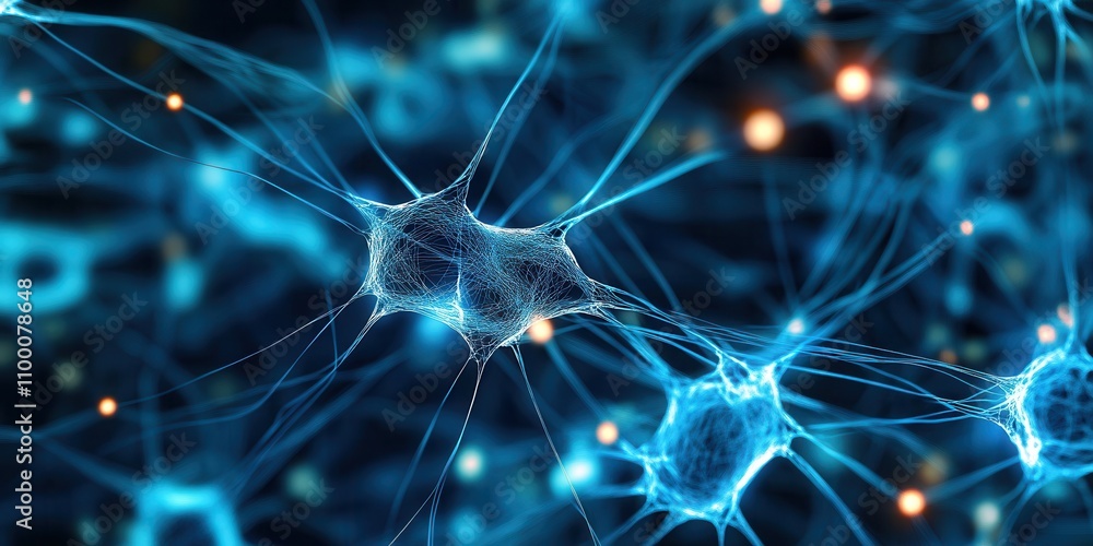 Poster A vivid depiction of interconnected neurons showcasing intricate patterns and glowing blue hues, representing the complexity of the nervous system.