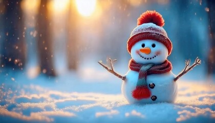 Obraz premium Heartwarming Winter Wonderland Snowman at Sunset. Capturing the Magic of Christmas Cheer with a Festive Red Hat and Scarf Amidst Sparkling Snowflakes in a Tranquil Forest