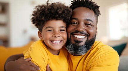 A joyful image of a father and son wearing matching yellow shirts, their smiles reflecting the brightness of their bond and the happiness they bring to each other.
