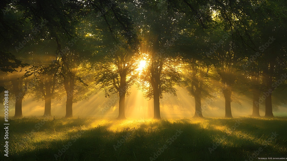 Poster majestic sunlight filtering through lush trees in a serene forest creating a magical and tranquil at