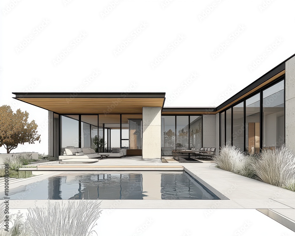 Poster modern architectural design featuring open space and clean lines with swimming pool surrounded by na