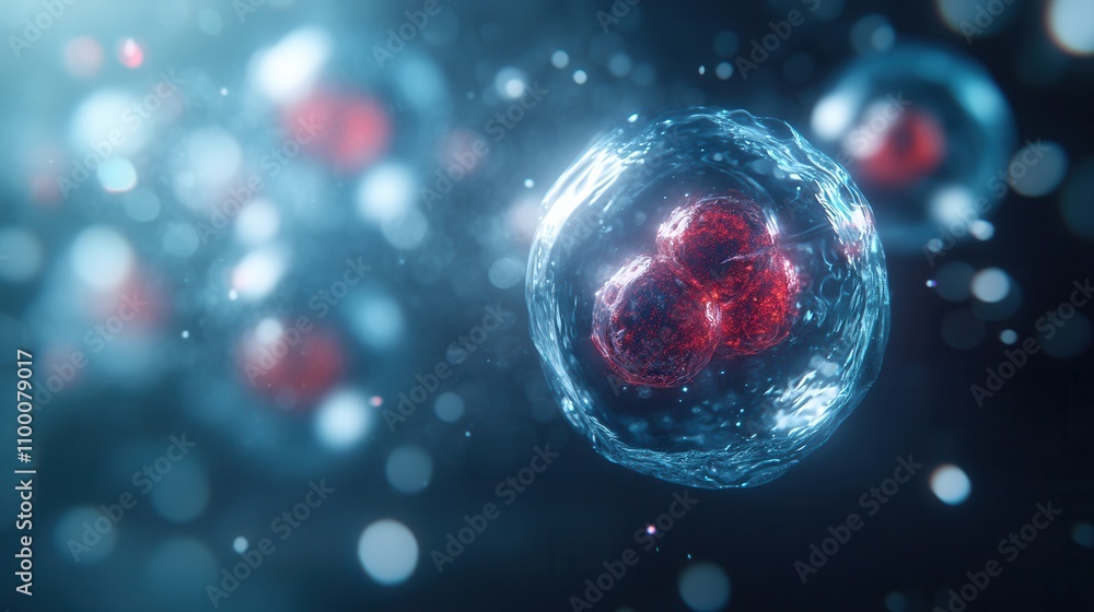 Fototapete A vibrant, microscopic view of cells with red nuclei, showcasing their intricate structures and the dynamic environment they exist in.