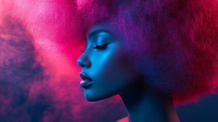 Fototapeta premium Woman with Pink and Blue Afro Hair in Smoke