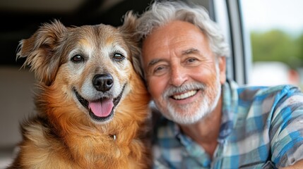 An older man sits peacefully with his smiling furry dog, cherishing moments of companionship and love, surrounded by nature's beauty.