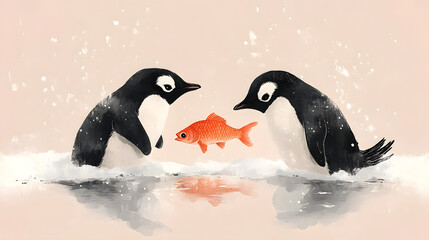 Fototapeta premium Penguin Artwork Cute Animal Illustration, Fun Penguin and Fish Art, Playful Animal Drawing, Valentine's Day Special Art