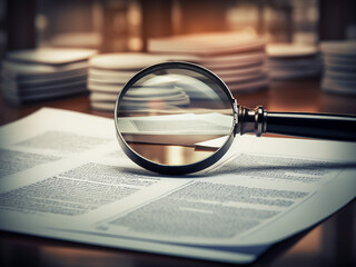 Magnifying glass on documents. Concept of research, investigation, and detail.