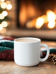 Obraz premium A warm mug of coffee rests by a knitted green blanket, set against the bokeh lights of a Christmas tree and the soft glow of a fireplace holiday scene.