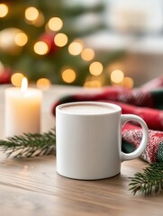 A white mug filled with coffee stands beside a glowing candle. Cozy knit blankets and holiday lights create a serene and warm Christmastime atmosphere.