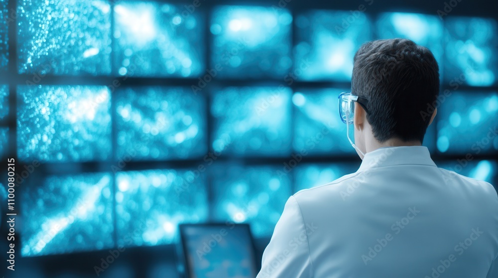 Aufkleber A scientist observes multiple glowing screens displaying complex data and visuals, highlighting advanced technology and research in a modern lab setting.