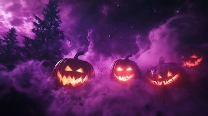 Naklejka premium Illuminated Jackolanterns in a Spooky Purple Forest Night