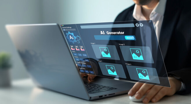 Person using AI software to generate images with futuristic platform user interface. Image AI generator conceptArtificial Intelligence Image Content Generator.AI image creation service technology.	
