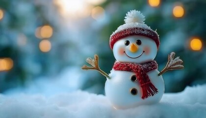 Festive Snowman Figurine Decorated with Red Hat and Scarf on Snowy Pine Branches, Surrounded by Warm Golden Bokeh Lights, Perfect for Christmas Celebrations, Cards, or Holiday Marketing