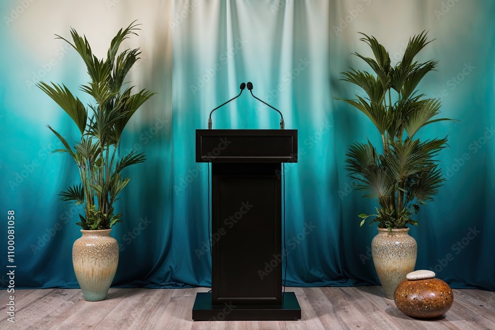 Poster turquoise gradient backdrop with lectern and artisanal stones in blended color scheme
