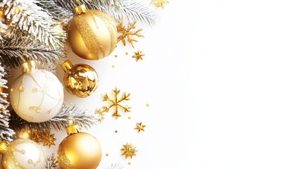Fototapeta premium Elegant Christmas decorations with golden ornaments and snowflakes on a white background.