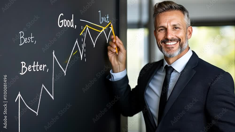 Poster a smiling professional in business attire presents a performance graph that shows steady growth. he 