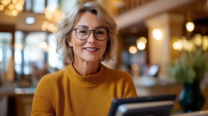 A mature woman with short hair and glasses wears a mustard sweater while smiling, seated comfortably in a warmly lit environment, exuding grace and contentment.
