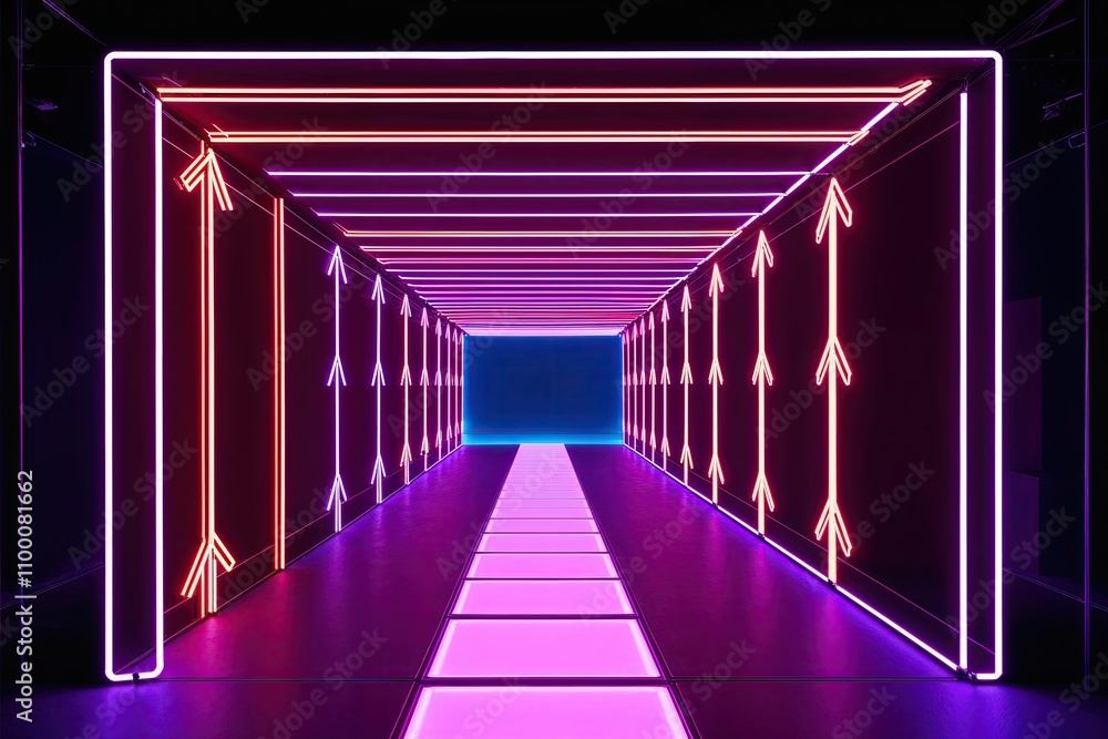 Poster futuristic 3d neon tapestry display with illuminated arrows guiding the path