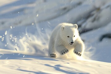 Naklejka premium Polar bear cub sliding down snowy slope arctic wildlife photography winter wonderland action shot