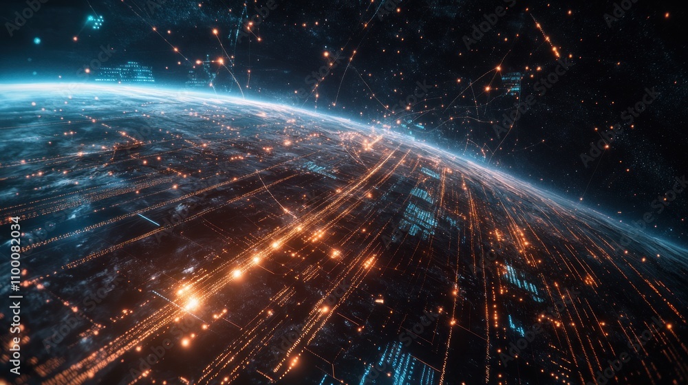 Aufkleber global network connections visualized as glowing lines and nodes over a planet earth.