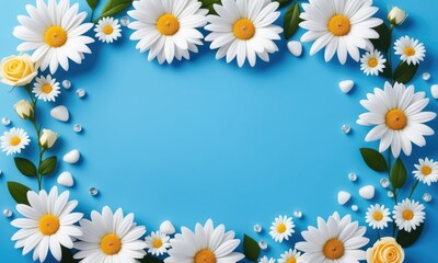 Obraz premium Bright floral border with daisies and yellow roses on blue background