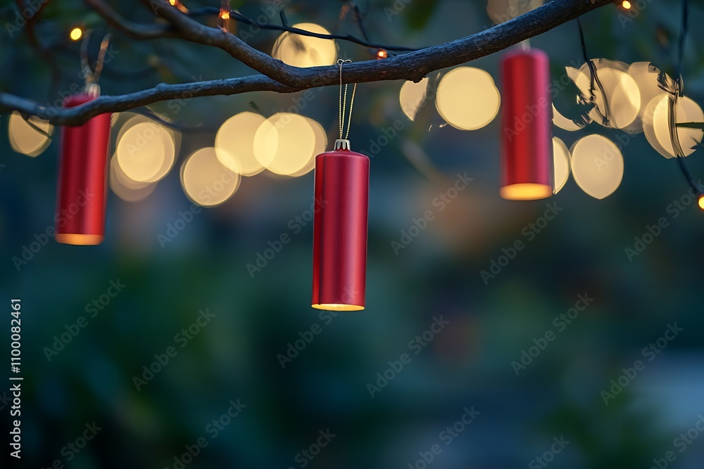 Poster Red lanterns hanging from a branch with soft bokeh lights in the background.