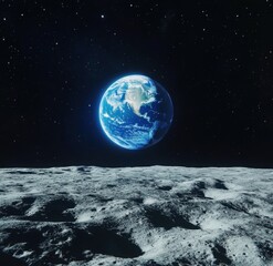 A blue Earth seen from the moon, with a space background, in the style of ultra-realistic photography.