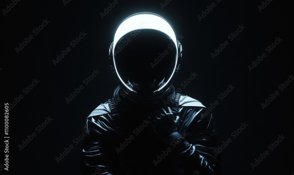 Poster A dark background with a silhouette of an astronaut in a helmet, illuminated by a soft white light from above. The black suit is glossy and reflective, creating a sense of mystery in space exploration