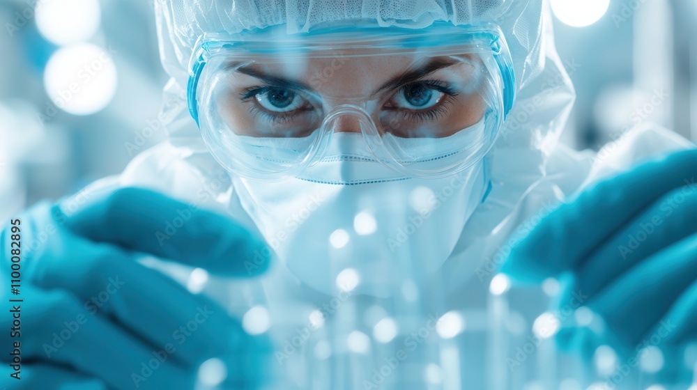 Poster a focused scientist in protective gear analyzes test tubes in a laboratory, showcasing precision and