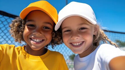 Two excited children wearing caps in vibrant sportswear smile as they enjoy a tennis match outside, showing lively interaction and healthy exercise.