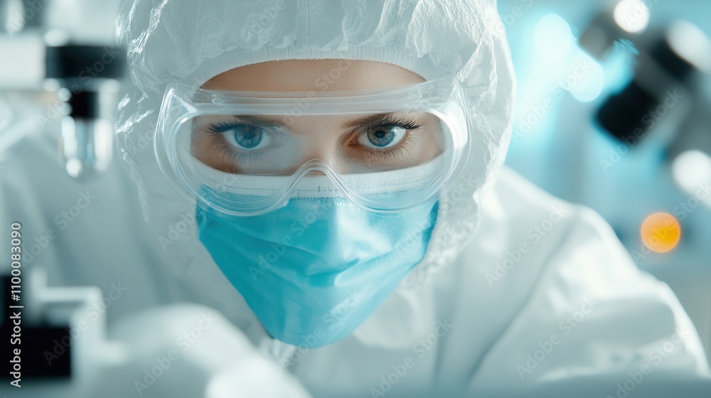 Aufkleber A scientist in protective gear examines samples under a microscope, emphasizing focus and precision in a lab environment.