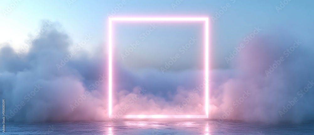 Poster a glowing rectangular frame amidst colorful clouds and serene water reflections.