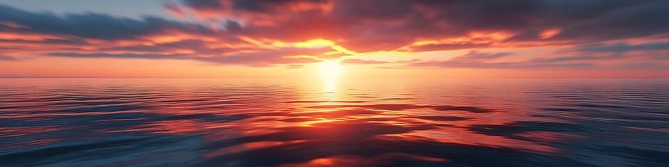 Fototapeta premium Ocean horizon glowing with fiery sunset colors reflecting on calm waters