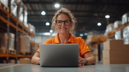 Fototapeta premium A cheerful warehouse worker wearing an orange shirt sits at a table with a laptop, surrounded by tall shelves packed with boxes, under bright industrial lighting.