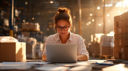 The image captures a dedicated worker in a white shirt analyzing data on a laptop in a sunlit warehouse, showcasing a sharp focus amidst stacked boxes.