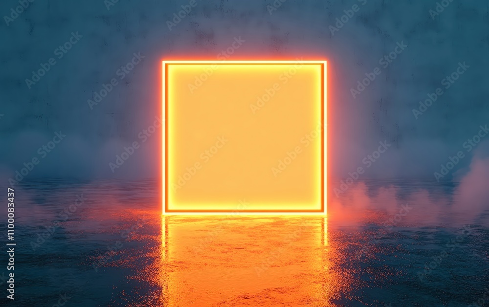 Poster a glowing square frame illuminated in a misty, ethereal environment.