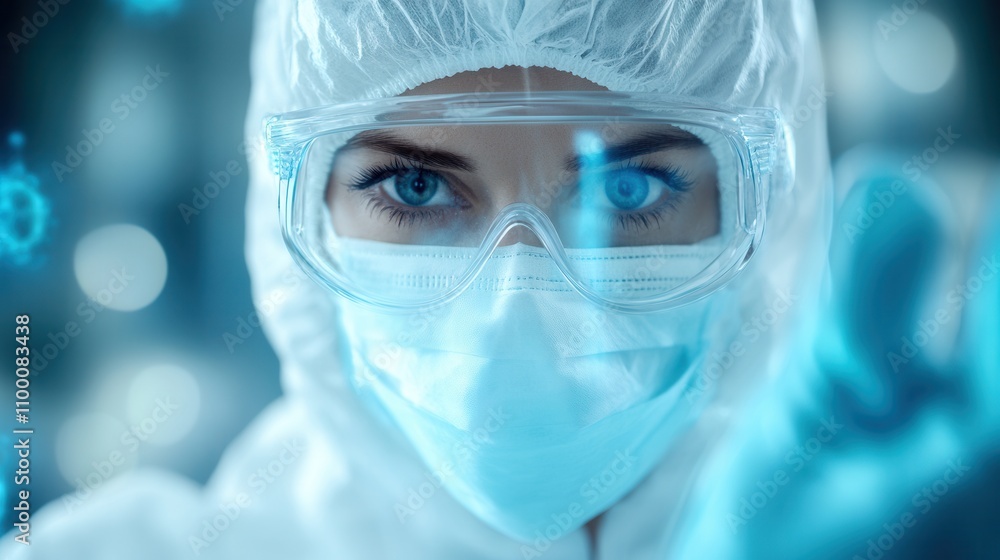 Poster a focused scientist in protective gear interacts with digital data, emphasizing innovation and resea