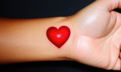 Fototapeta premium Red heart tattoo on wrist against dark background