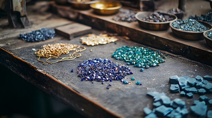 Artisan workspace with colorful gemstones, metal chains, and tools. vibrant arrangement of materials showcases creativity and craftsmanship in jewelry making