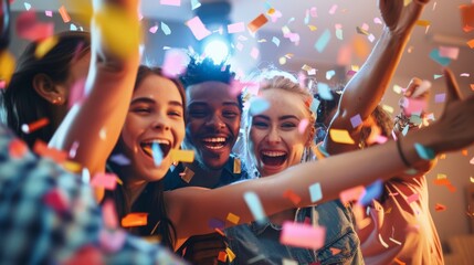 Group of friends celebrating together, joyful expressions with colorful confetti and bright lights in the background.